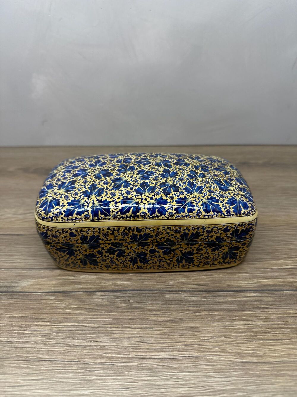 Vintage Kashmiri Trinket Jewelry Box Paper Mache Hand Painted Yellow Blue floral